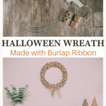 How to Make a Burlap Halloween Wreath using two colors of polka dot burlap ribbon in orange and black from the Dollar Tree.